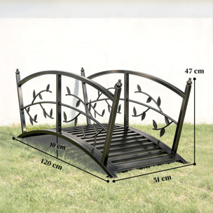 Puente de Jardín Metálico, 1,2 m, Puente Decorativo para Estanques con Barandillas de Seguridad y Diseño de Hojas, Carga 100 kg, Construcción Resistente, Fácil Montaje, Negro