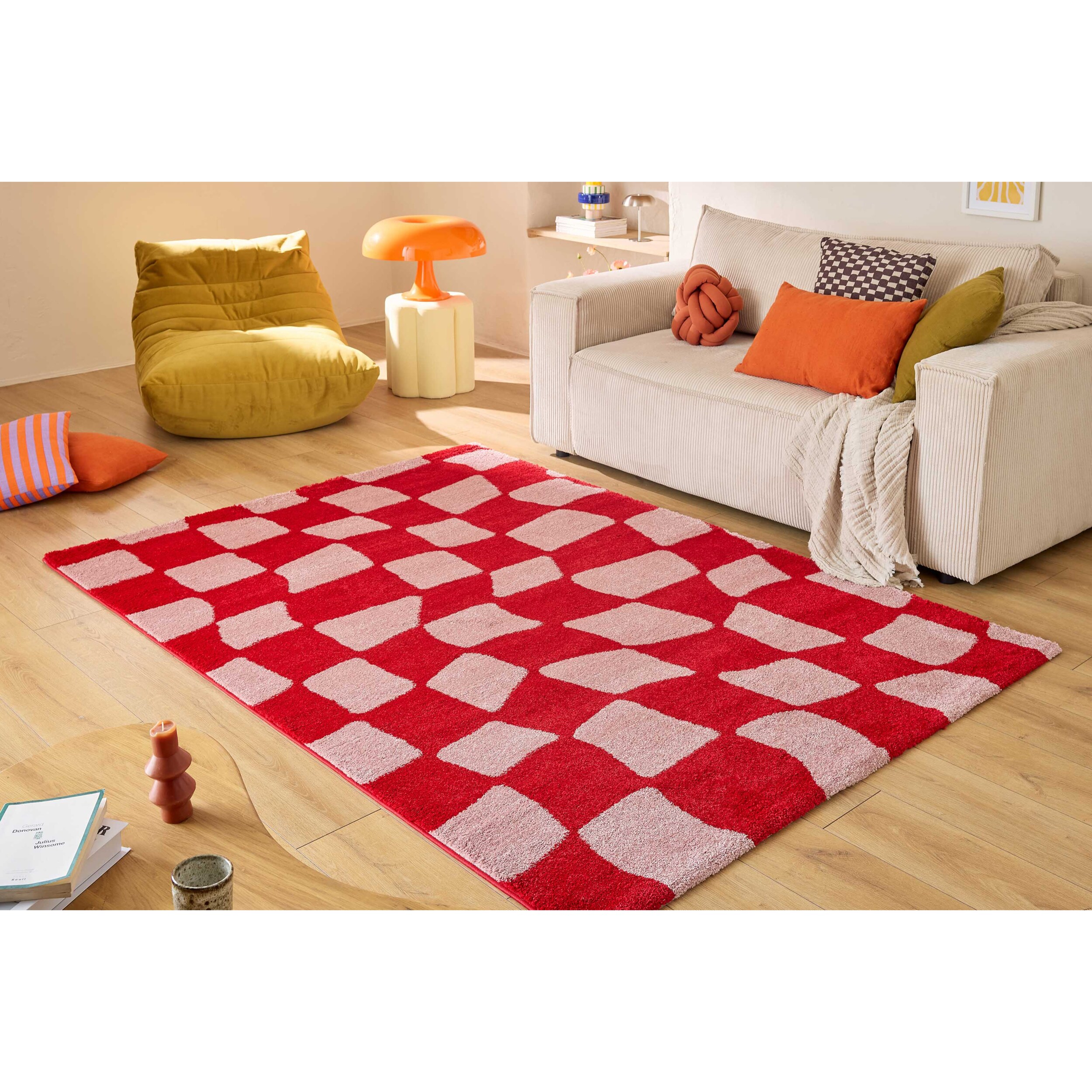 GROOVY - Tapis rétro coloré style seventies - Confortable et moelleux - Rouge