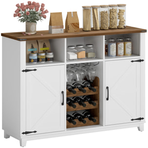Aparador de Cocina con Botellero, Aparador con 2 Puertas de Granero, Estantes Ajustables y Soporte para Copas, para 9 Botellas, Buffet Auxiliar de Cocina para Comedor, Salón 120x37x88 cm Blanco