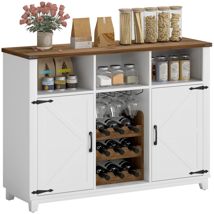 Aparador de Cocina con Botellero, Aparador con 2 Puertas de Granero, Estantes Ajustables y Soporte para Copas, para 9 Botellas, Buffet Auxiliar de Cocina para Comedor, Salón 120x37x88 cm Blanco