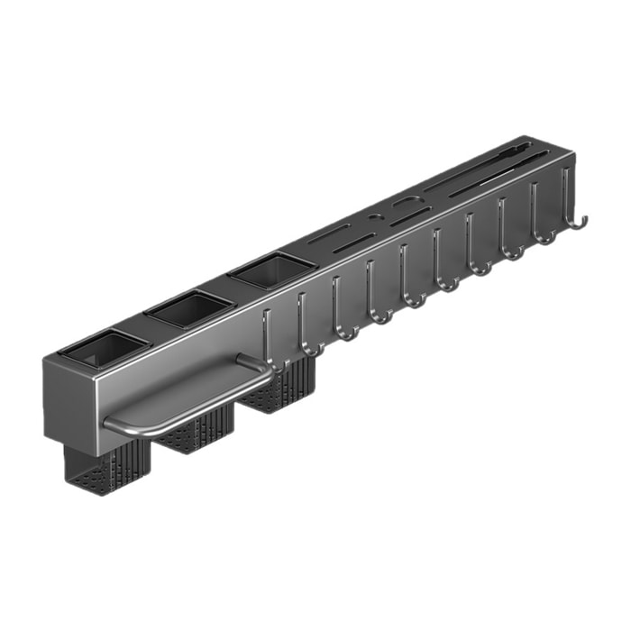 Soporte metálico multifuncional para pared con montaje mediante pegamento o tornillos. Organiza utensilios de cocina de forma práctica, con múltiples compartimentos, ganchos y ranuras para cuchillos.