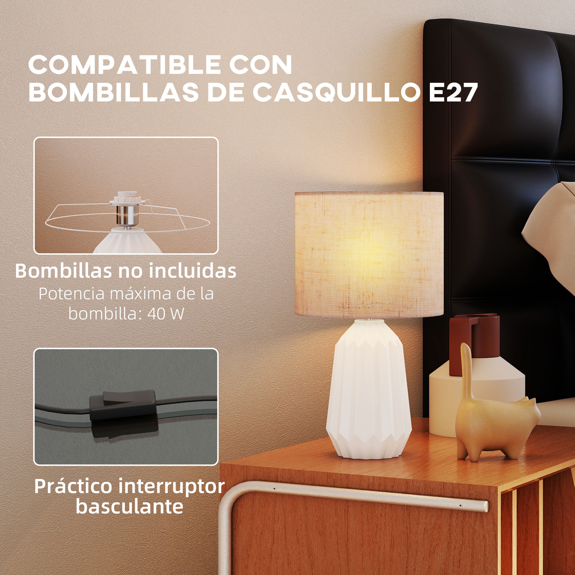 Lámpara de Mesa con Base de Cerámica y Pantalla de Lino Lámpara de Mesita de Noche de Estilo Retro con Interruptor para Dormitorio Salón E27 40W Blanco y Beige
