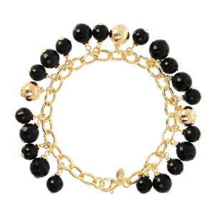 Bracciale Catena Rolo Martellata in Argento 925 placcato Oro Giallo 18kt con Ciondoli in Onice Nero Sfaccettato