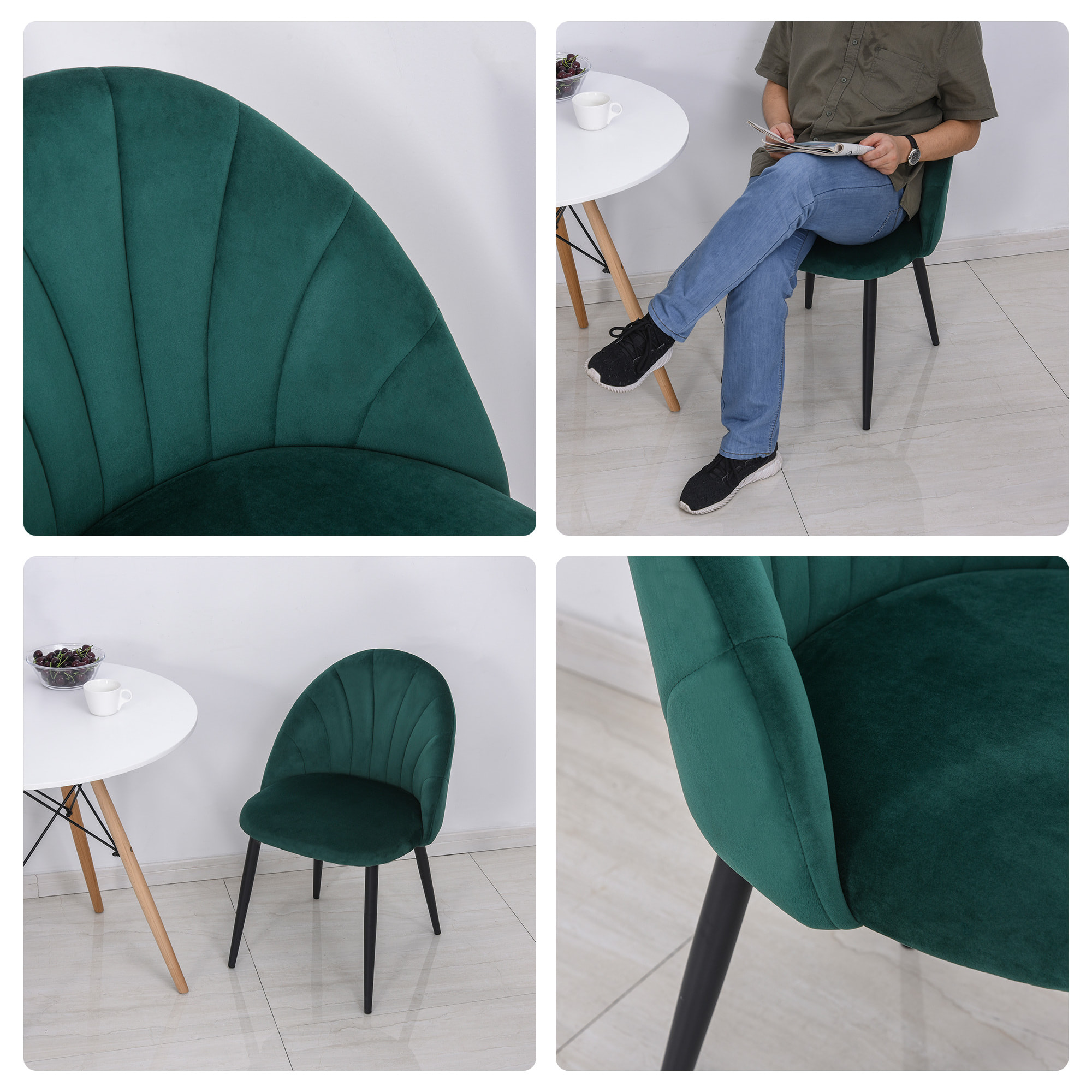 Lot de 2 chaises velours vert pieds métal noir dim. 52L x 54l x 79H cm