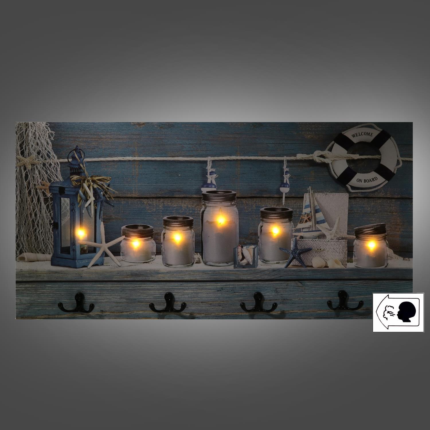 Appendino mare in legno da 8 posti con led, barattoli cm60x30x1,8