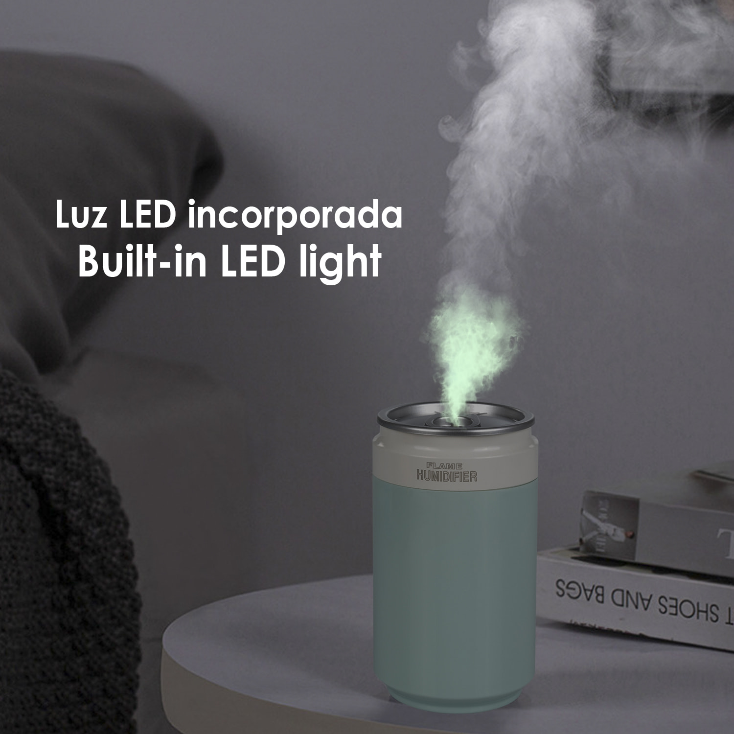 Umidificatore multifunzione da 260 ml, forma di lattina di soda. Funzione sterilizzazione, compatibile con idroalcol.