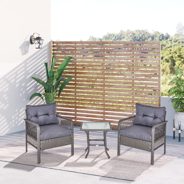 Conjunto de Muebles de Ratán Jardín 2 Sillones y 1 Mesa de Vidrio Templado Gris