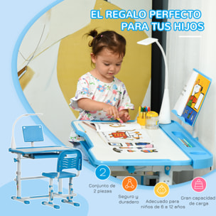 Juego de Escritorio y Silla para Niños de +6 Años Pupitre Infantil con Altura Ajustable Mesa Inclinable Cajón Lámpara LED y Portalápices 80x49,5x82-104 cm y 35,5x43,5x63-73 cm Azul