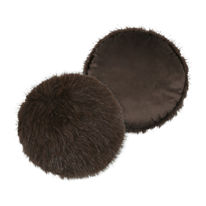 Coussin rond à poils longs - Marron Brun
