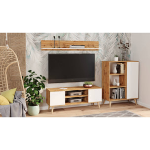 Credenza a 1 anta e 2 ripiani, Buffet con piedini, Madia da soggiorno in stile scandi, Libreria con scaffali, cm 40x90h116, colore Bianco e Acero