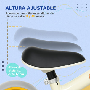 Bicicleta sin Pedales para Niños de 18-48 Meses Bicicleta de Equilibrio con Asiento Ajustable en Altura Carga 25 kg 66,5x34x47 cm Blanco y Naranja