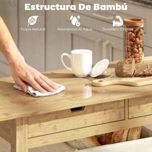 Carrito Auxiliar con Ruedas de Bambú, Carro de Servicio con 2 Cajones, 2 Estantes de Listones, 2 Ruedas, Carrito para Cocina, Restaurante, 100x43x75 cm, Natural