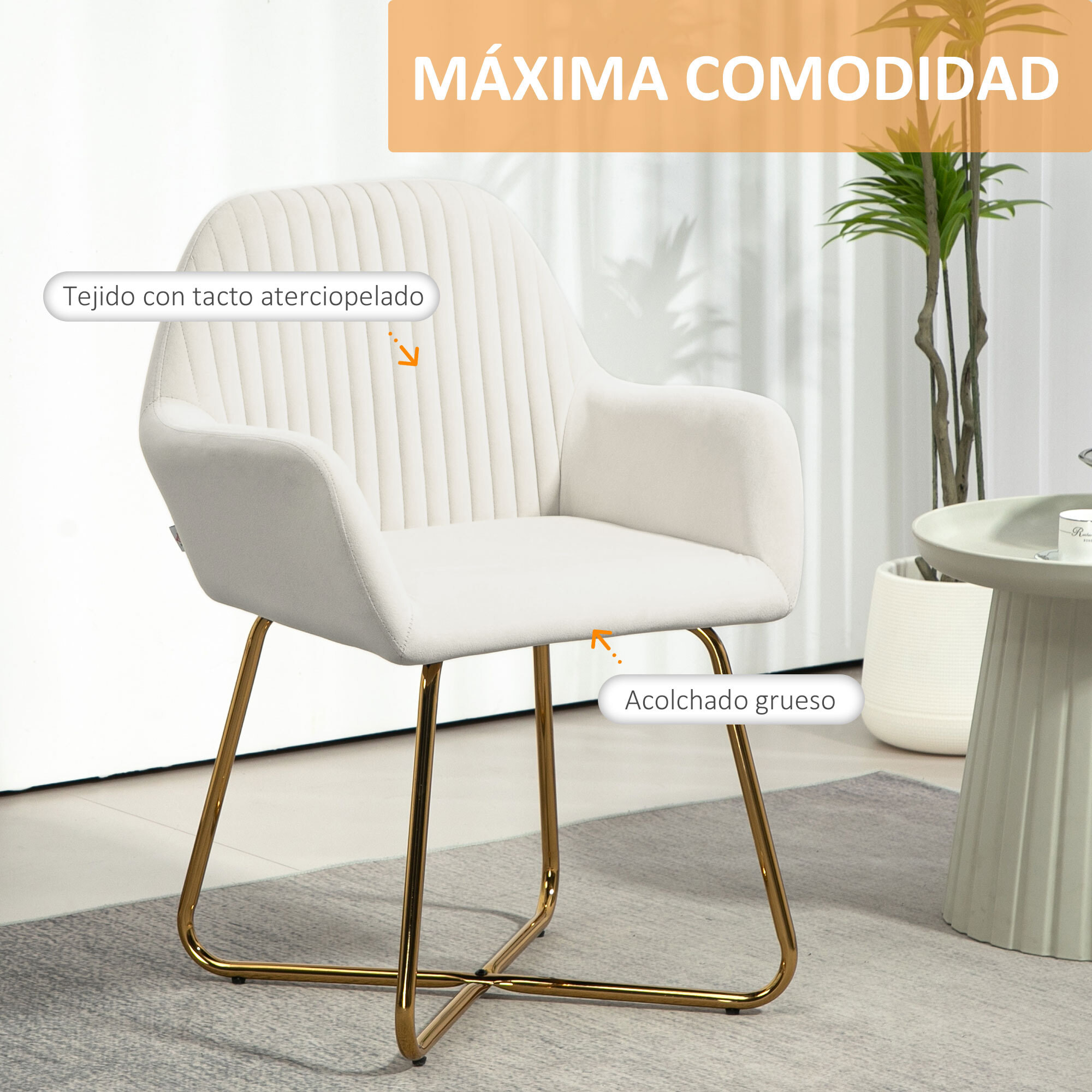 Butaca de Salón Sillón de Salón Tapizado en Terciopelo con Asiento Acolchado Base Metálica Cruzada Sillón Lectura para Sala de Estar Dormitorio Crema