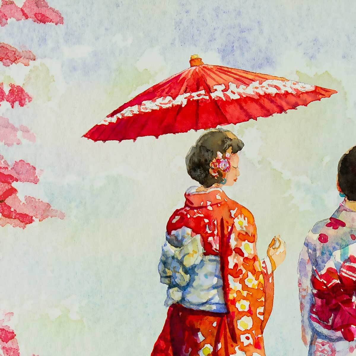 Affiche encadrée aquarelle japonaise et cerisiers Affiche + cadre en métal - Noir