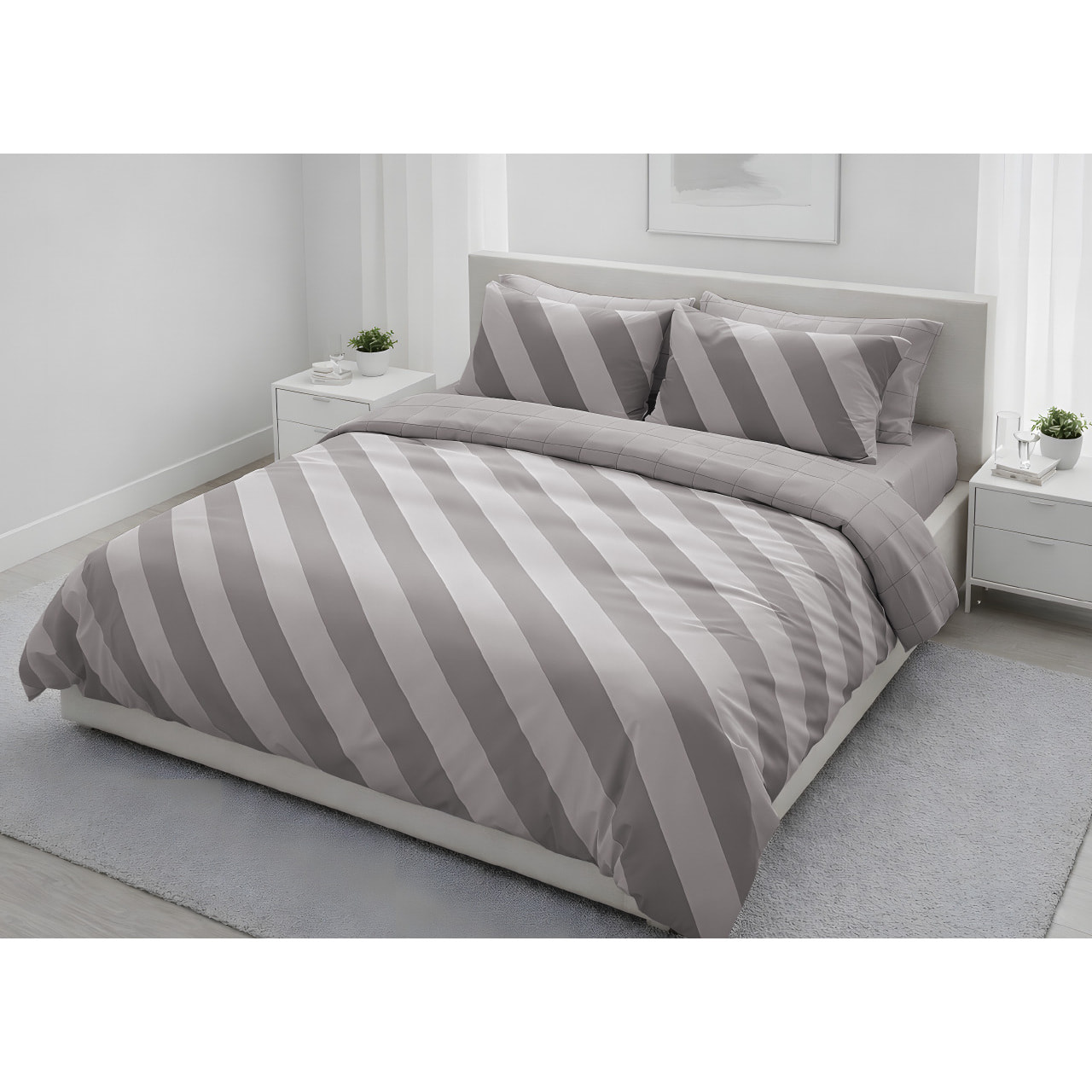 Parure Copripiumino 100% Cotone Made In Italy Fantasia Rigata Disegno Elite Beige