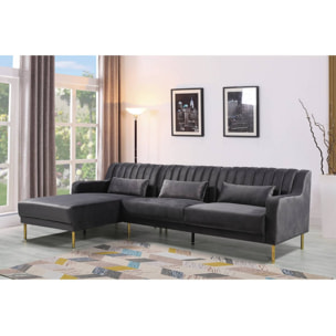 Canapé d'angle en velours "Oliver" - 275 x 161 x 81 cm - 5 places - Gris - Angle gauche