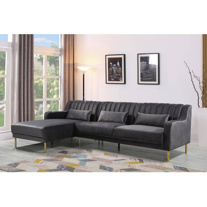 Canapé d'angle en velours "Oliver" - 275 x 161 x 81 cm - 5 places - Gris - Angle gauche