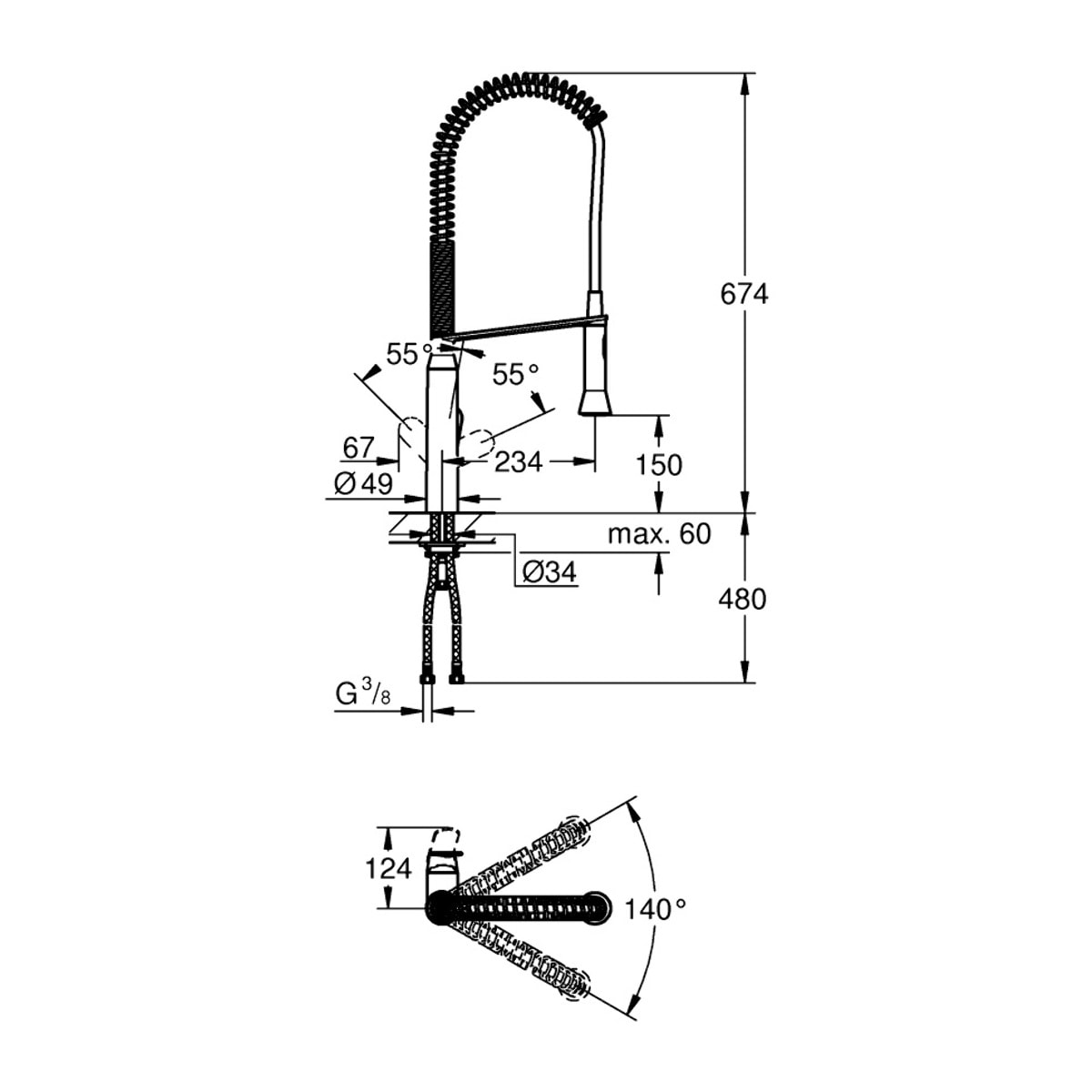GROHE Mitigeur évier bec haut K7 - avec ressort - 2 jets - H : 67,4 cm