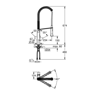 GROHE Mitigeur évier bec haut K7 - avec ressort - 2 jets - H : 67,4 cm