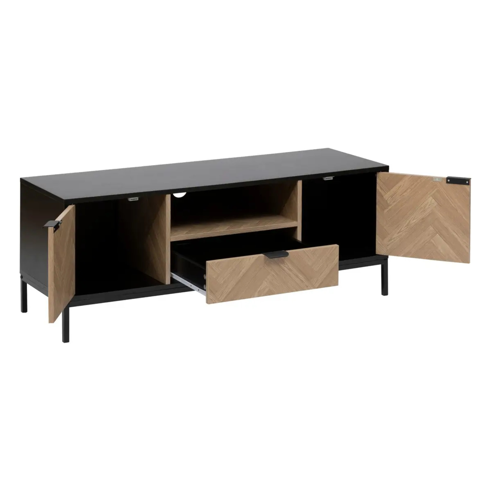 Meuble TV "Chevrons" 3 portes effet bois et noir 120x40cm