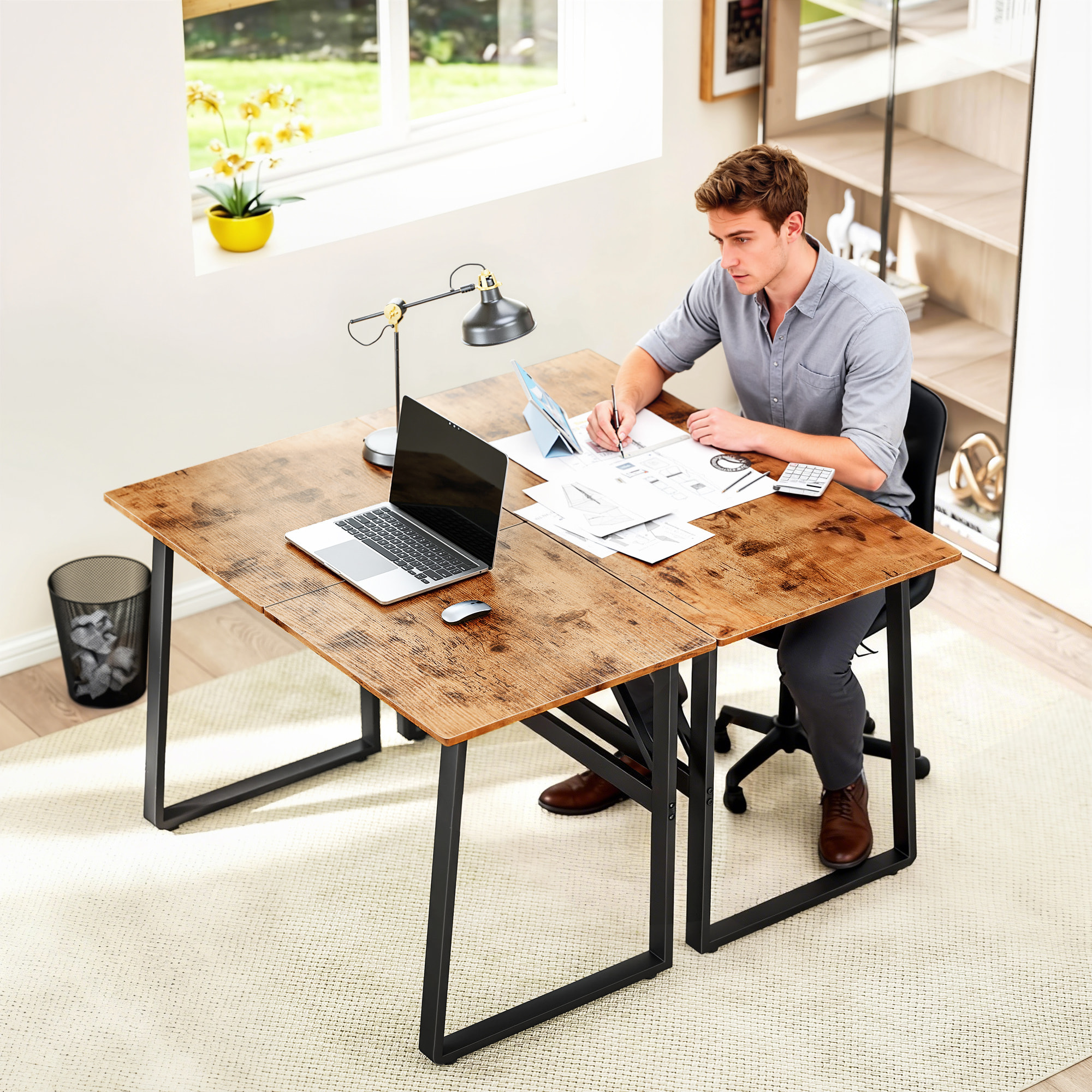 Escritorio Estilo Industrial, 120x60x76 cm, Mesa de Escritorio, Mesa de Ordenador con Marco de Acero, Fácil de Montar, para Casa, Oficina, Dormitorio, Estudio, Marrón Rústico