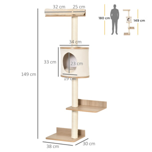 Árbol para Gatos de Pared 149 cm con Plataformas Cojín Extraíble Poste Rascador