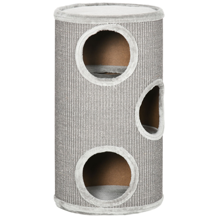 Barril Rascador para Gatos de 3 Niveles Torre Rascador para Gatos con 3 Entradas y Cubierta de Sisal Ø38x70 cm Gris Claro