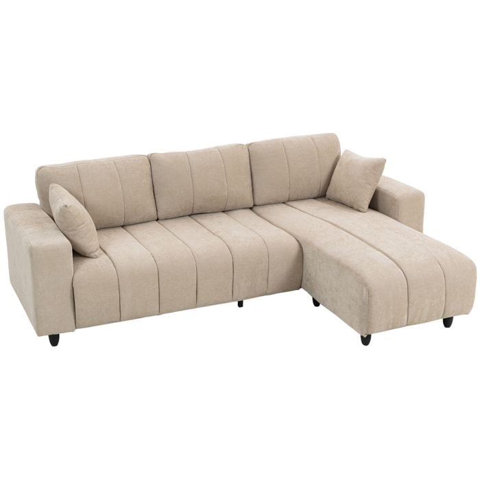 Sofá Chaise Longue Reversible, Sofá Esquinero en Forma de L de 3 Plazas, 2 Almohadas, Tapizado en Lino, Marco de Acero, para Salón, 242x156x87 cm, Beige