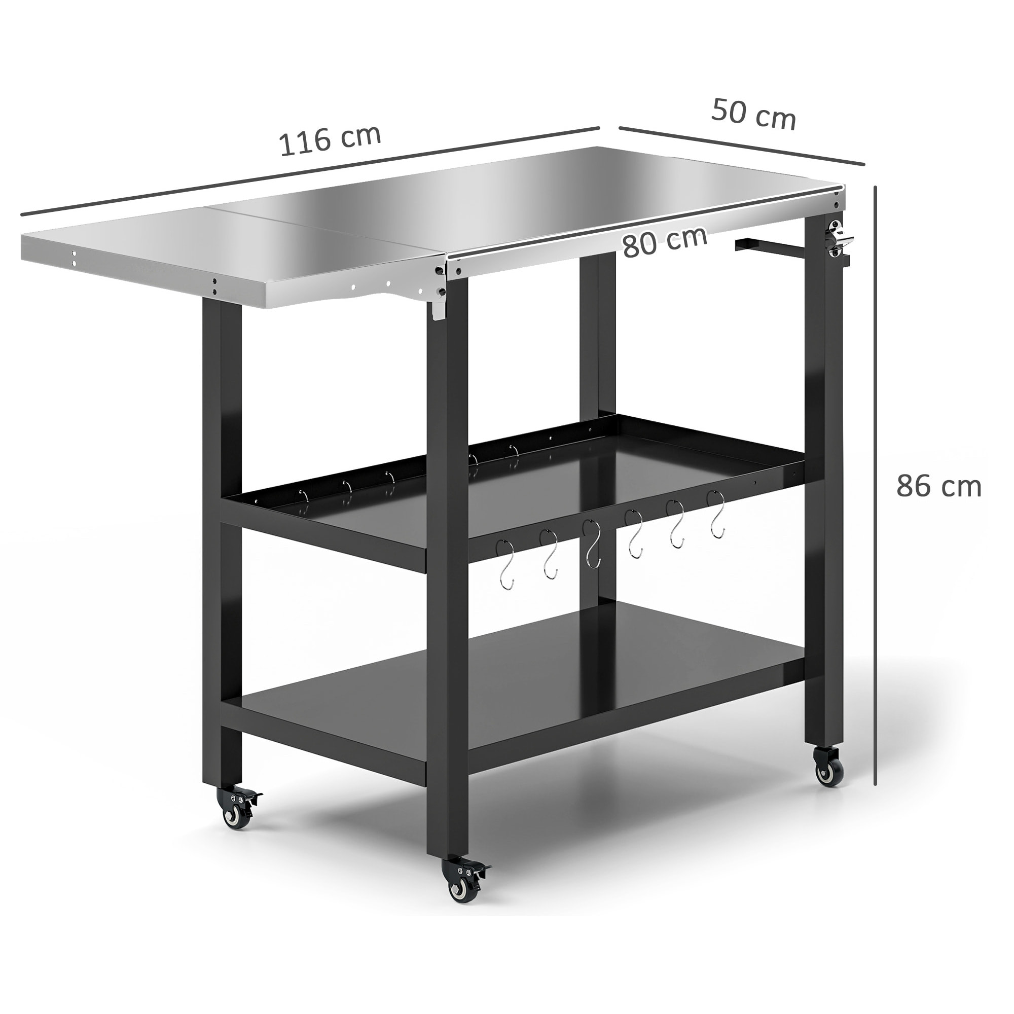 Carrito de Parrilla de 3 Niveles Carrito de Barbacoa Carro de Servicio con Ruedas Estantes Encimera de Acero Inoxidable Lateral Plegable y Asa Mesa de Horno de Pizza para Jardín Patio Negro