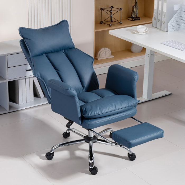 Silla de Escritorio con Reposapiés, Silla de Oficina Giratoria, con Respaldo Reclinable y Alto, Acolchado Grueso, Tapizada en Cuero Sintético, Soporte Lumbar, Altura Ajustable, Ruedas, Azul