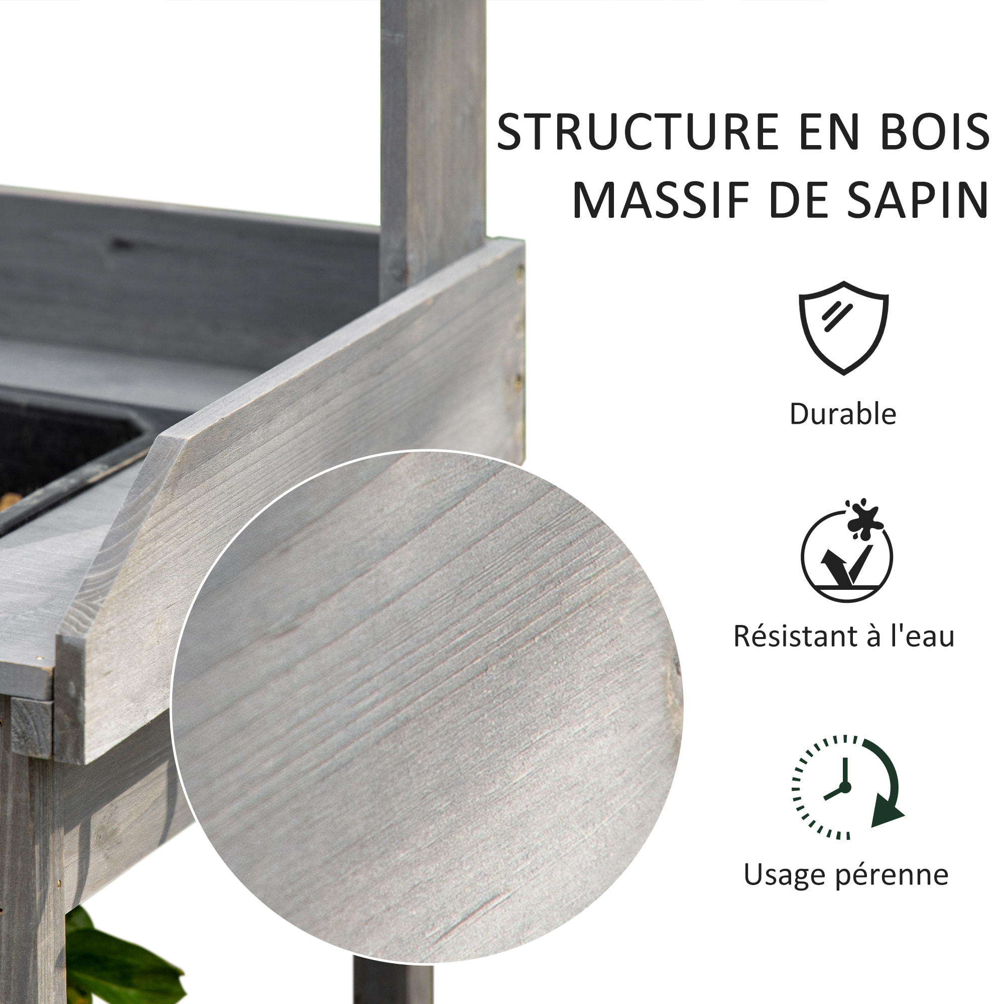 Table de rempotage jardinage multi-équipée - tiroir, 3 étagères, évier, 3 crochets - bois sapin pré-huilé gris