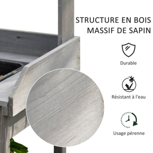 Table de rempotage jardinage multi-équipée - tiroir, 3 étagères, évier, 3 crochets - bois sapin pré-huilé gris