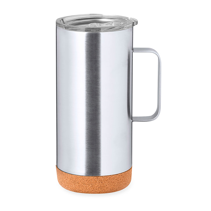 Taza térmica en acero inox reciclado de doble pared y 450 ml de capacidad. Con dosificador abrefácil en tapa y base en corcho. Libre de BPA.