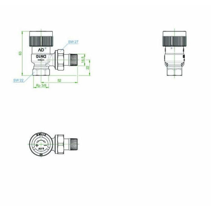 Robinet thermostatique OVENTROP AV 9 ⅜ DN 10, PN 10, modèle équerre - 1183703