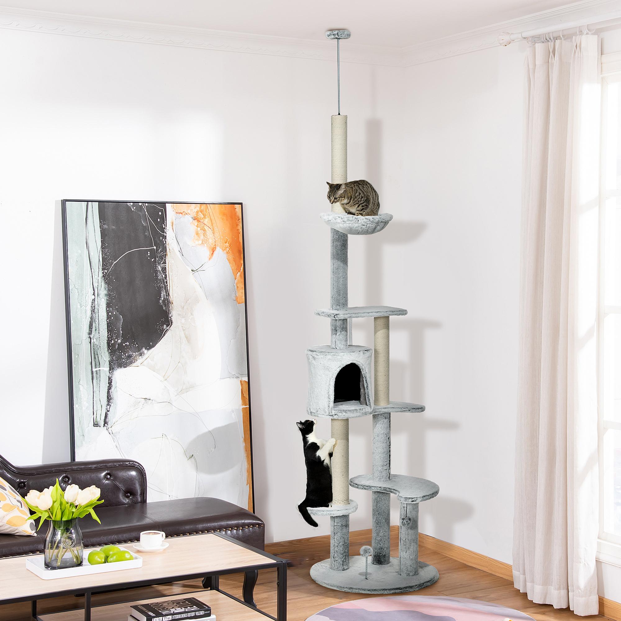 Árbol para Gatos de Suelo a Techo de 225-255 cm Torre para Gatos Ajustable en Altura con Cueva Plataformas Hamaca Postes Rascadores y Bolas Colgantes Ø60x225-255 cm Gris