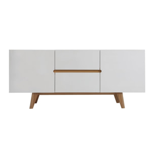 Buffet scandinave blanc brillant et finition bois clair 2 portes 2 tiroirs L160cm MELKA