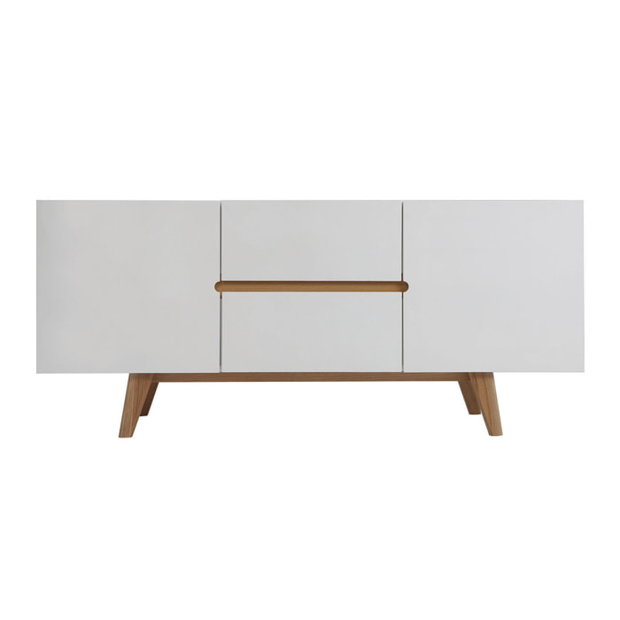 Buffet scandinave blanc brillant et finition bois clair 2 portes 2 tiroirs L160cm MELKA