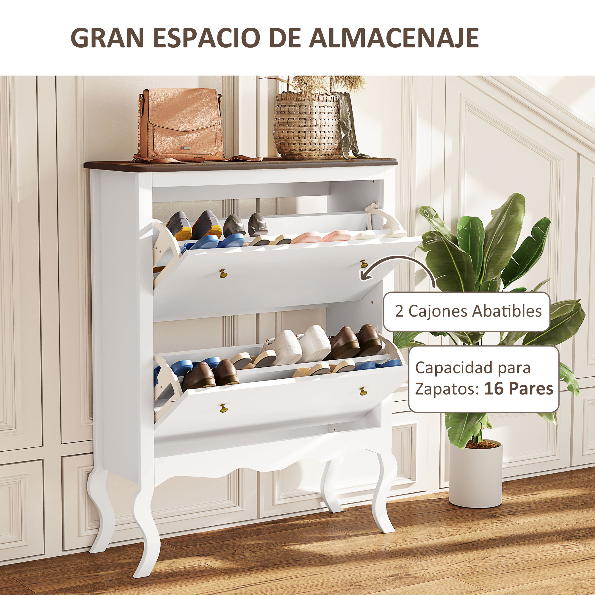 Mueble Zapatero Estilo Francés Zapatero de Entrada Recibidor con 2 Cajones Abatibles Estantes Ajustables para 16 Pares de Zapatos Zapatero Estrecho para Pasillo 84x29x109 cm Blanco