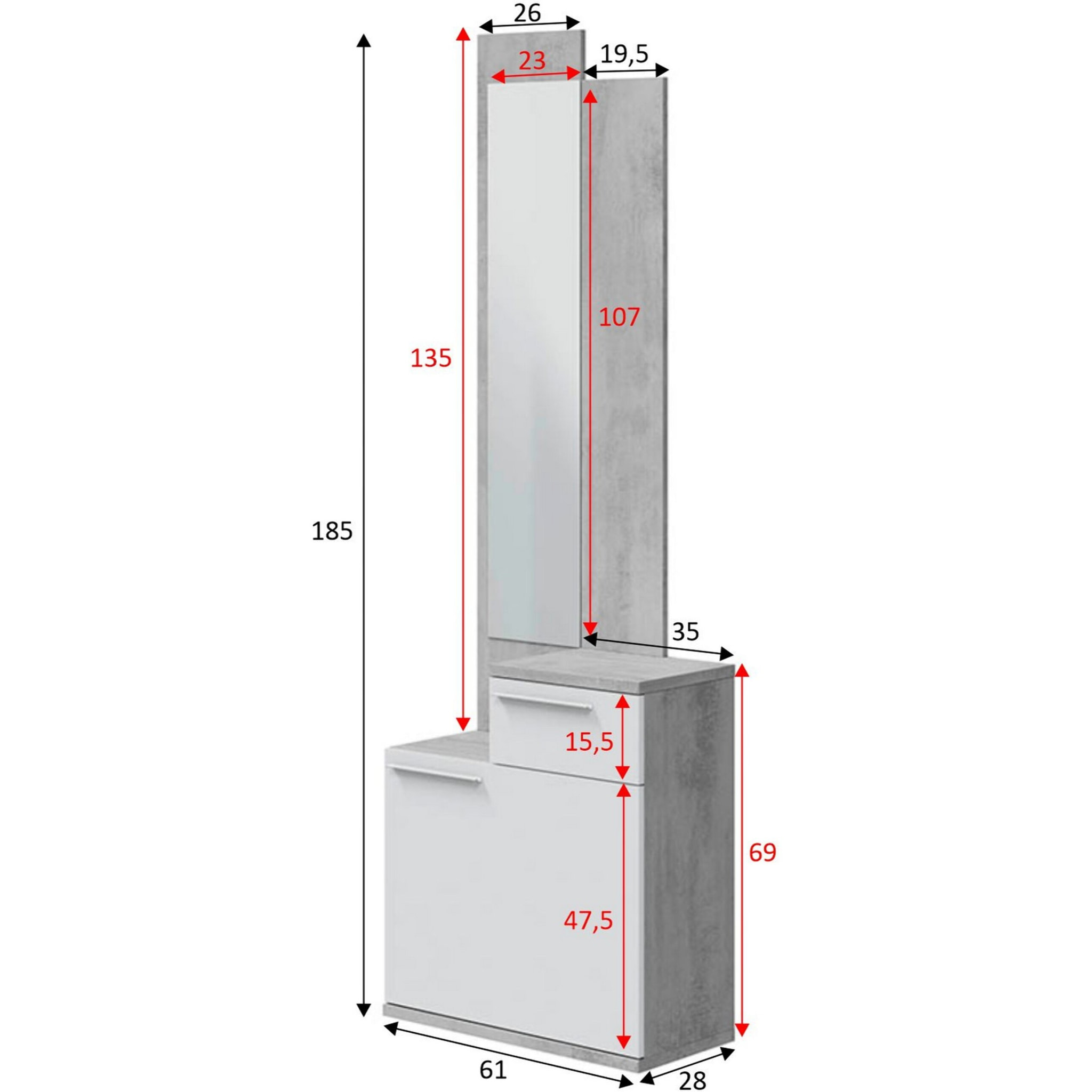 Mobile da ingresso Waltham, Scarpiera multifunzione con specchio, Armadio a 1 anta e 1 cassetto, 61x28h185 cm, Cemento e Bianco lucido