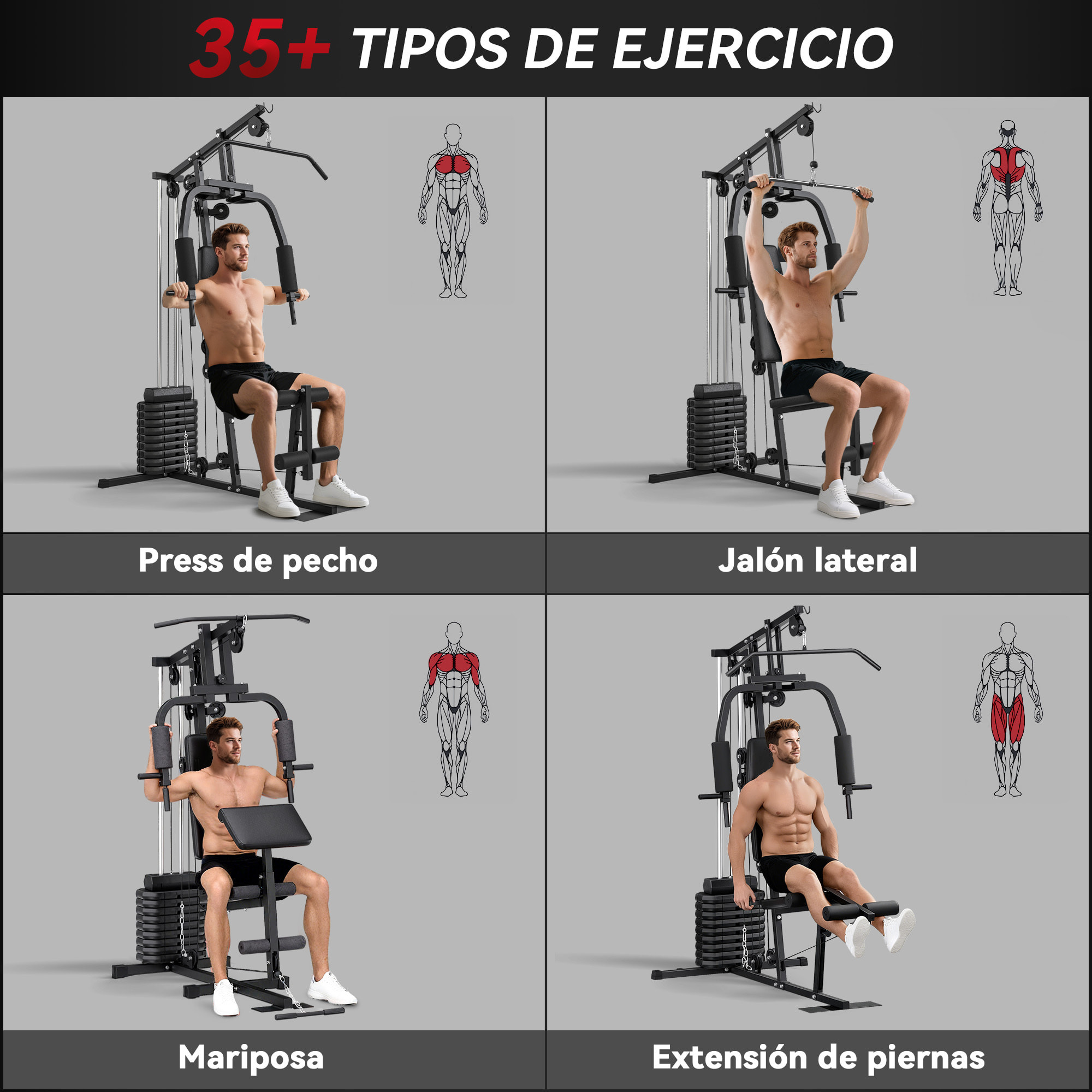 Multiestación Musculación, Máquina de Musculación con Prensa de Pecho, Placas de Peso de 45 kg, Curl de Piernas y Polea Mariposa, Carga 100 kg, para Entrenamiento Casa Gimnasio, Negro