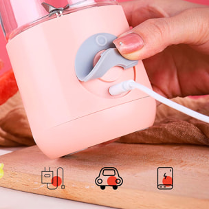 Mini batidora eléctrica XHJ-118. Diseño portátil y recargable con 6 cuchillas de acero, 18000 rpm y capacidad de 500 ml.