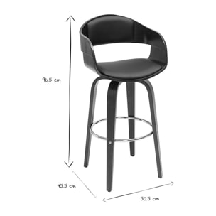 Tabouret de bar design noir et bois foncé noyer H67.5 cm pivotant 360° GAO