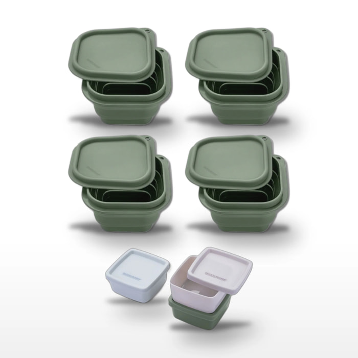 Lot de 4 Boîtes à Snacks Pliables en Silicone Vert et Set de 3 Boîtes à Sauce Fackelmann Storage