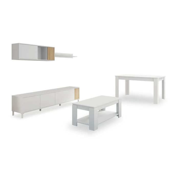 Pack salón con mesa de centro y mesa de comedor Nitza Max V1A Blanco Artik (Blanco Mate) - Natur