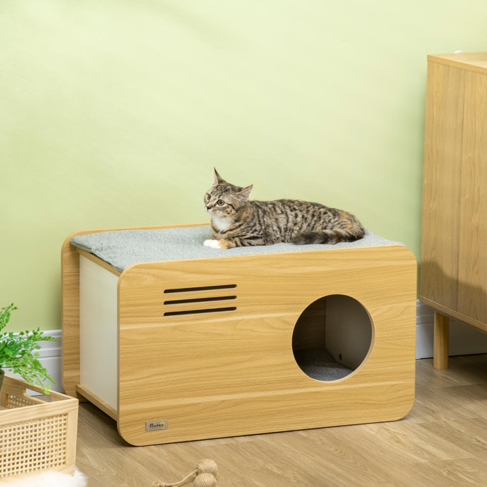 Maison pour chat design poste de radio - niche chat panier chat - 2 coussins + grattoir sisal amovibles - MDF panneaux aspect bois clair