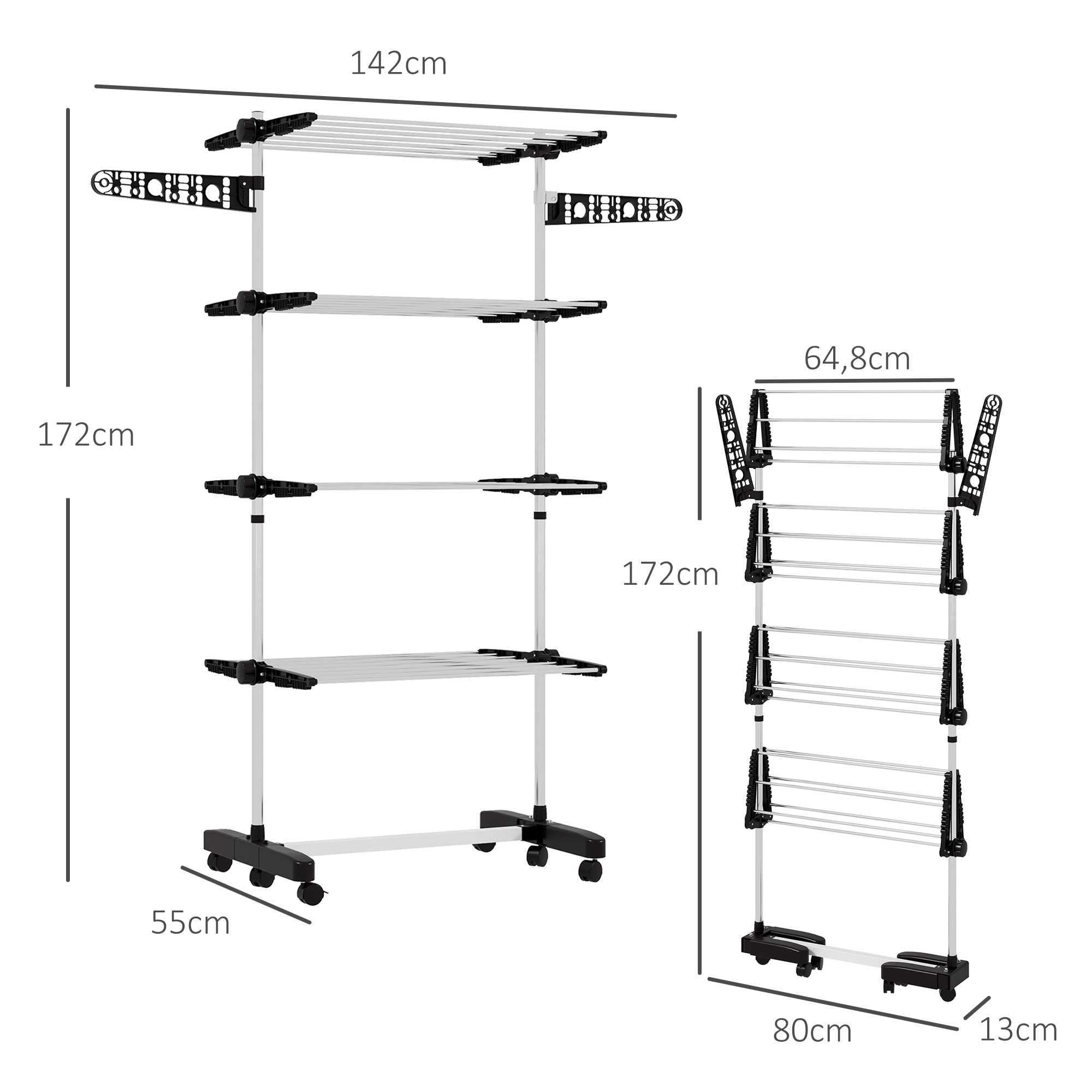 Tendedero Vertical Plegable Tendedero de Ropa con 6 Ruedas 2 Laterales Abatibles Estantes Ajustables y Marco de Acero Inoxidable para Interior y Exterior Negro y Plata