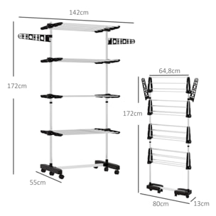Tendedero Vertical Plegable Tendedero de Ropa con 6 Ruedas 2 Laterales Abatibles Estantes Ajustables y Marco de Acero Inoxidable para Interior y Exterior Negro y Plata