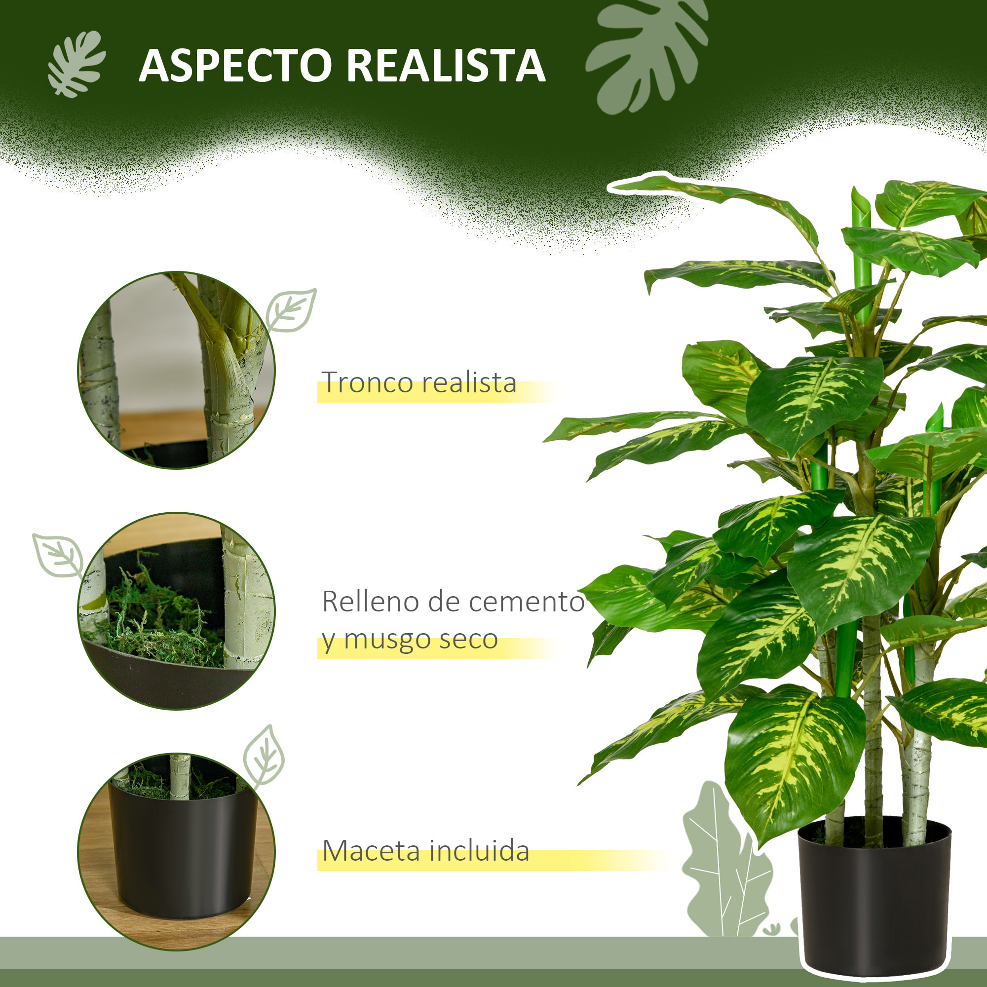 Juego de 2 Plantas Artificiales de 95 cm Árboles Artificiales con Maceta Plantas Sintéticas para Decoración Hogar Salón Oficina Verde