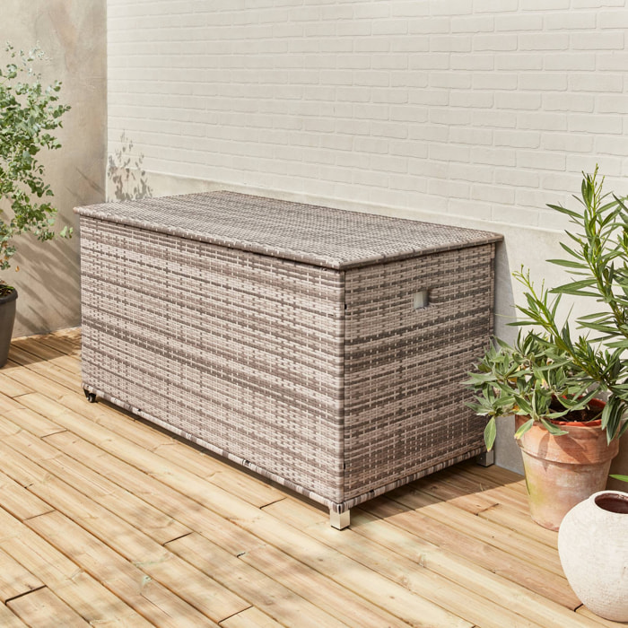 Coffre de jardin en résine tressée - Cassapanca Nuances de Gris - 790L. vérins. roulettes. poignée et housse intérieure écrue. rangement coussins 162x82cm