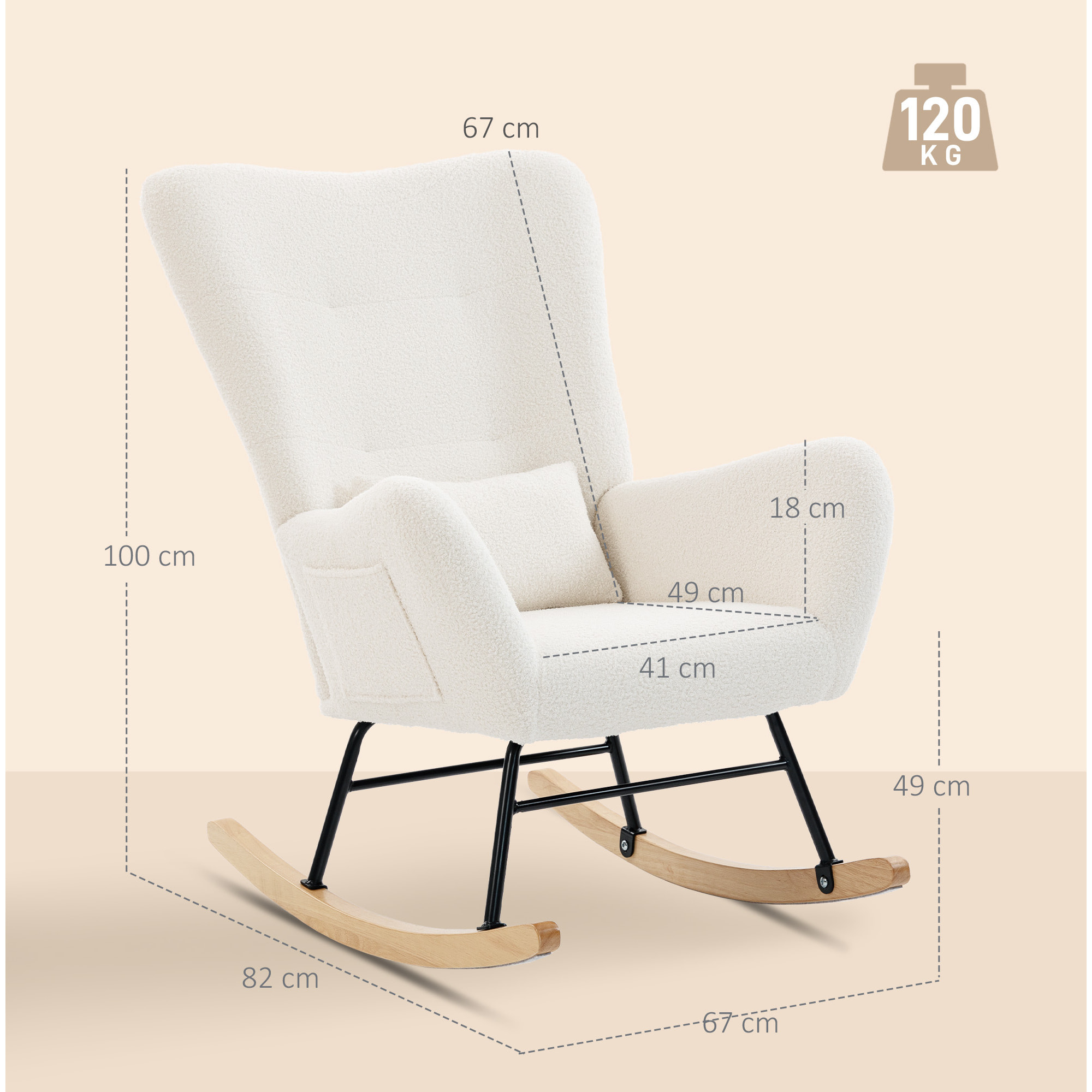 Silla Mecedora Moderna, Mecedora Tapizada en Terciopelo de Teddy, Sillón de Lactancia con Respaldo Acolchado Alto, Almohada, Patas de Madera, Bolsillo Lateral, para Dormitorio, Salón, Crema